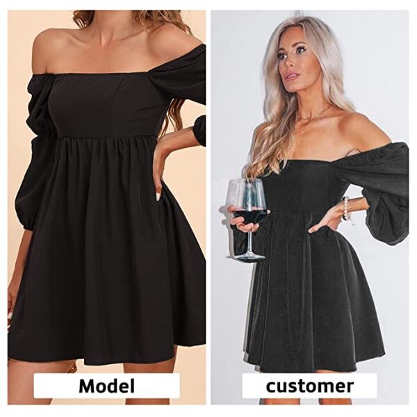 EXLURA Womens Square Neck Dress Long Puff Sleeve A-Line Casual Short Mini Dress - Image 2