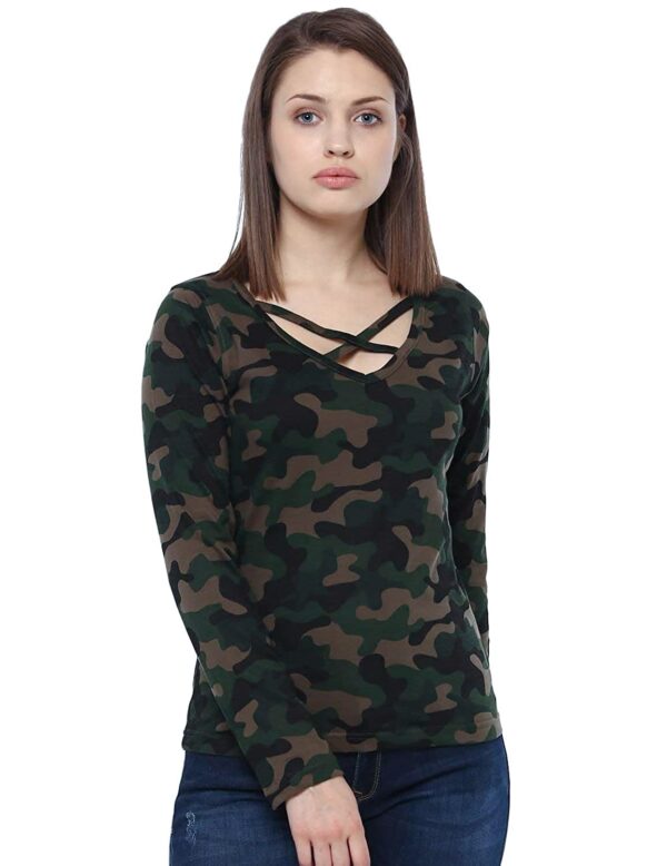 Veirdo Pure Cotton Regular Fit V Neck Full Sleeves Camoflauge T-Shirt for Women & Girls (GL_02_CAMO)