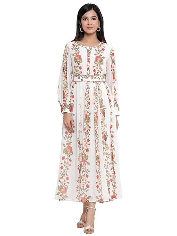 Juniper Offwhite Chiffon Printed Flared Dress with Waist Tie-up