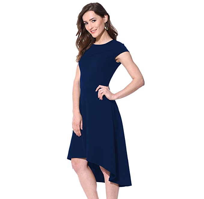 AARA Women's Polyester Black Cap Sleeve High Low Assymetrical Causal Midi Dress - Image 3