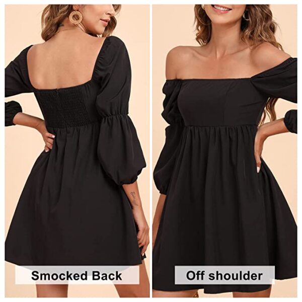 EXLURA Womens Square Neck Dress Long Puff Sleeve A-Line Casual Short Mini Dress - Image 3