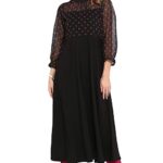 Janasya Women's Black Poly Crepe Polka Print A-line Kurta
