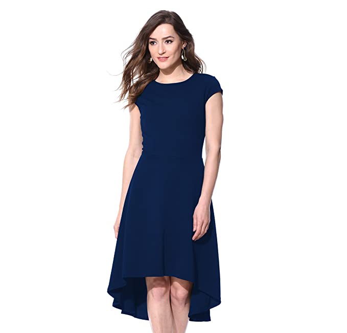 AARA Women's Polyester Black Cap Sleeve High Low Assymetrical Causal Midi Dress