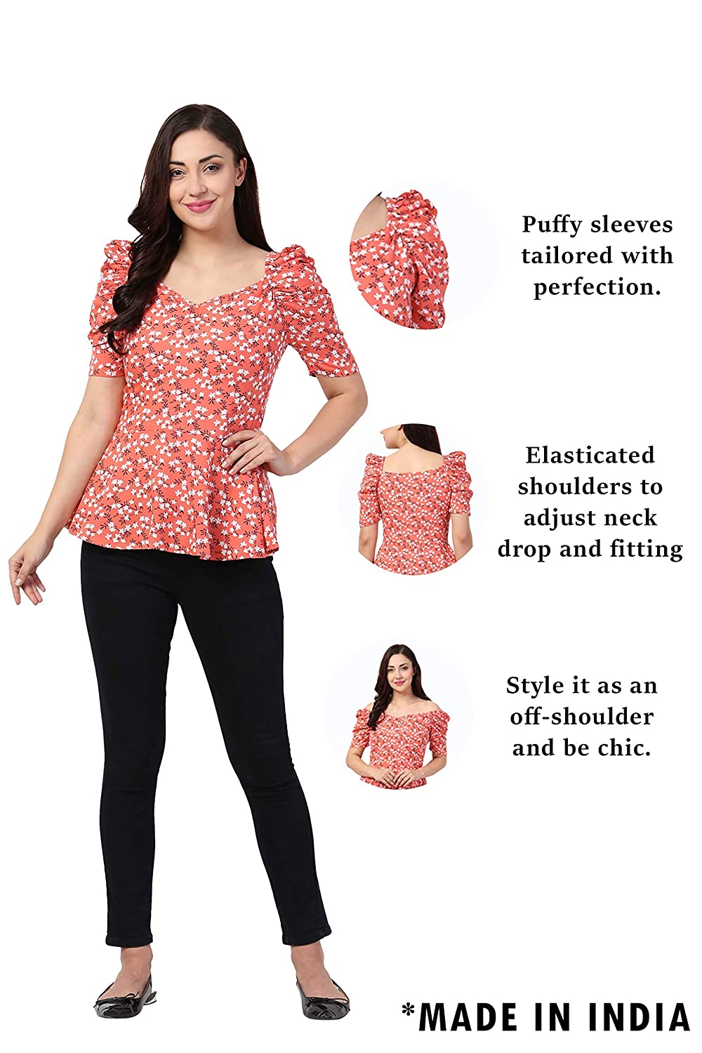 ZUVINO Women's Rayon Floral Peplum Top with Princess Sleeve; Office wear, Summer Wear - Image 2