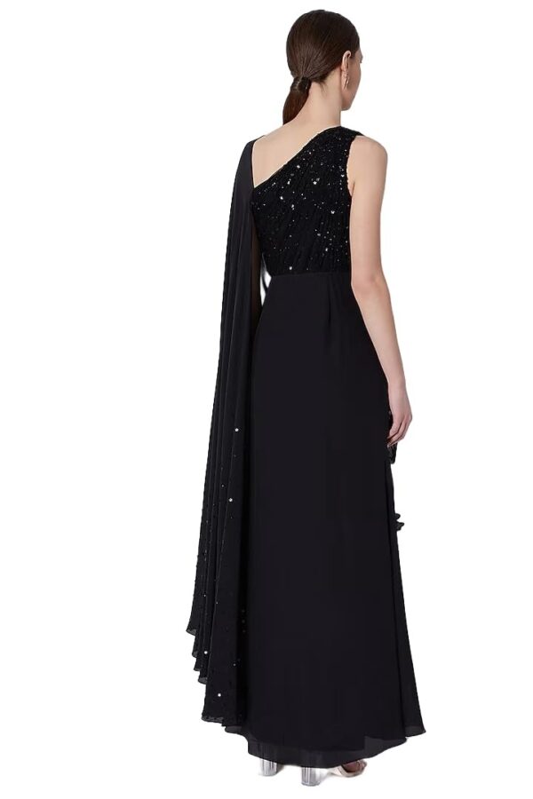 HarLiv Black Crepe & Net Ruffled Draped One-Shoulder Gown Saree - Image 6