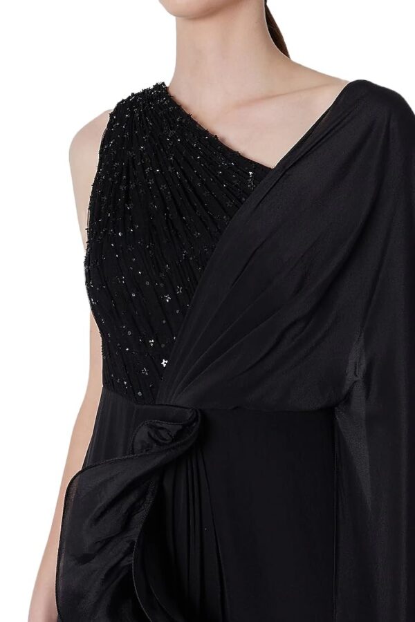 HarLiv Black Crepe & Net Ruffled Draped One-Shoulder Gown Saree